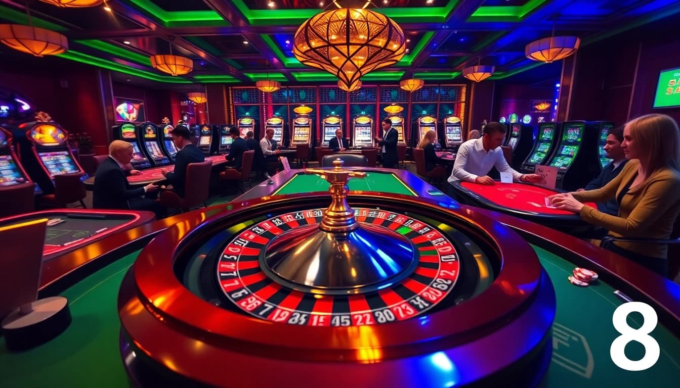 Gambling excitement at a luxury casino with GO8-themed poker chips and roulette.