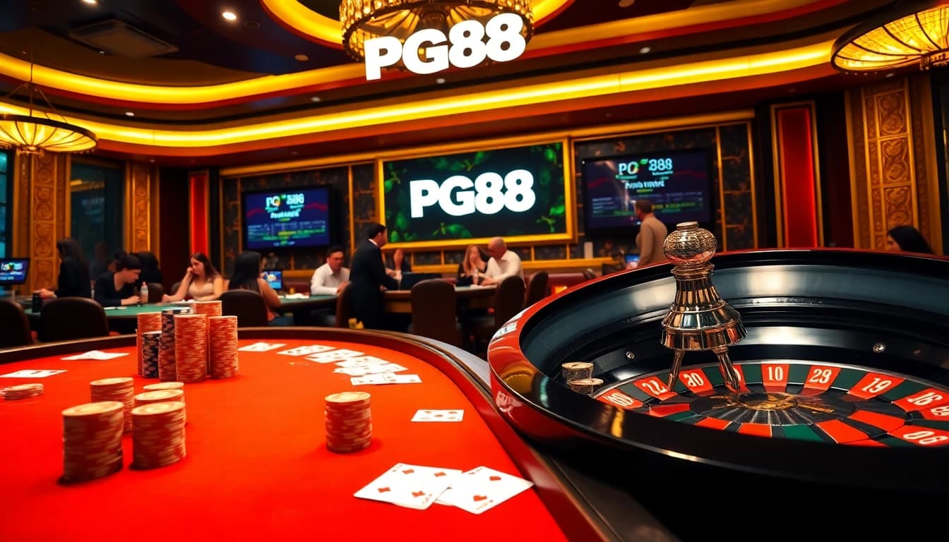Players enjoying a vibrant poker game at PG88 casino, showcasing rich colors and excitement.