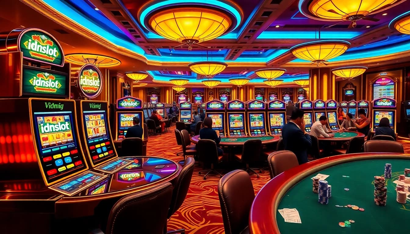 Experience the thrill of idnslot with vibrant slot machines and engaging gamblers in a luxurious casino setting.