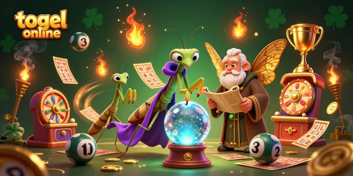 Engage with togel online through vibrant 3D illustration of fortune teller, library moth, and dynamic lottery elements.