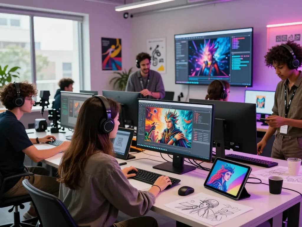 Team in a digital design studio generating ai nsfw images with advanced technology and collaborative creativity.
