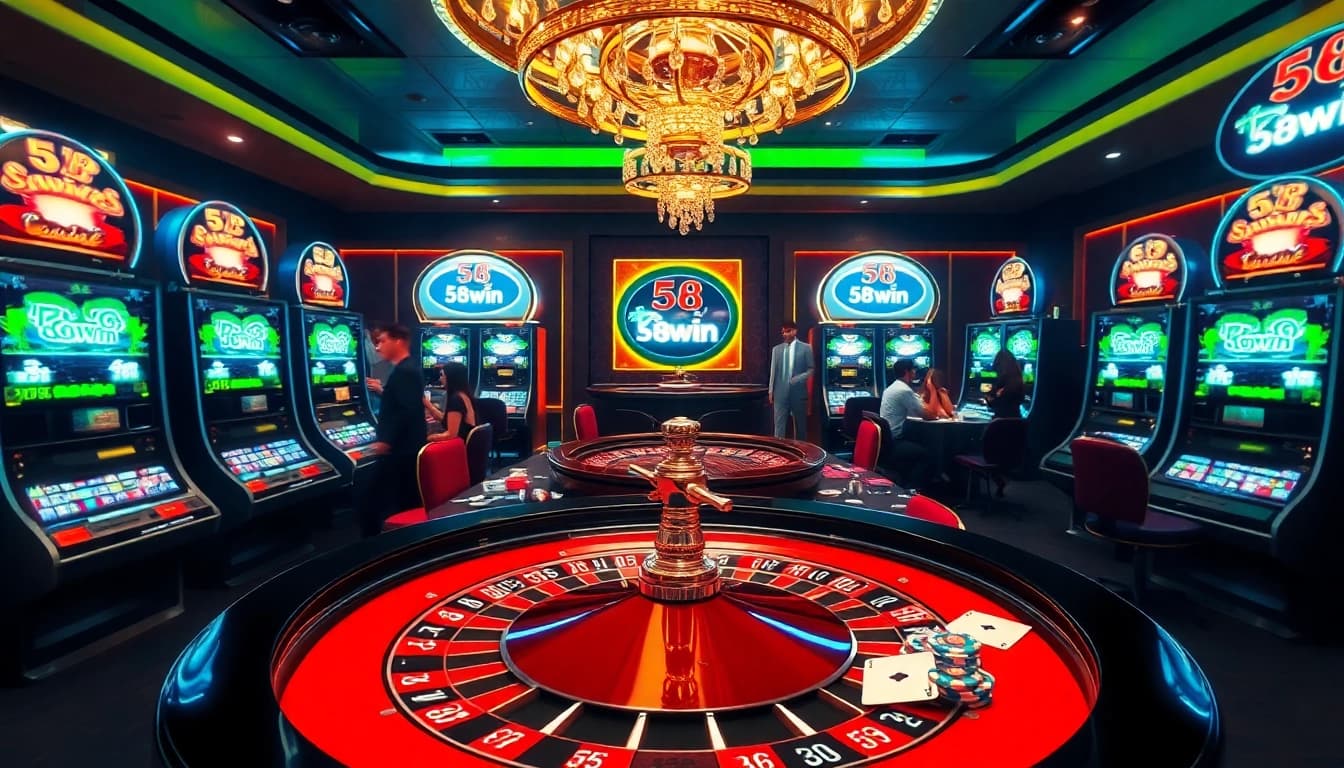 Excited players engage at the luxurious 58win casino, featuring a vibrant roulette table.