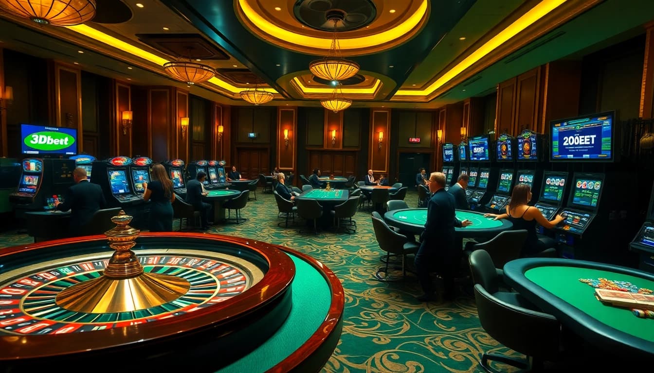 Players enjoying their experience at 3Dbet in a vibrant casino atmosphere filled with excitement.