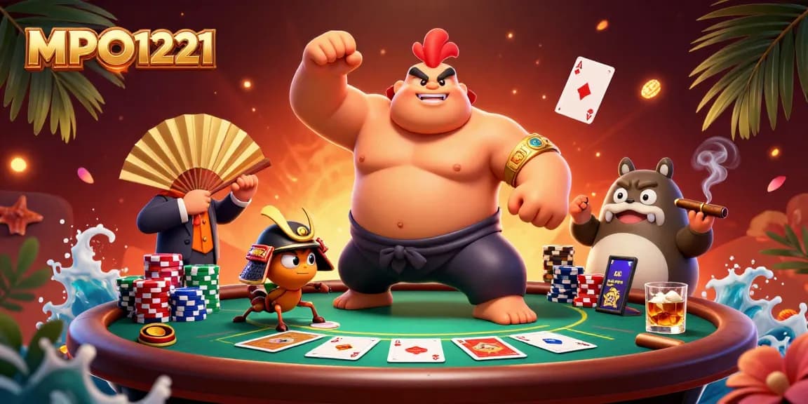 MPO1221 menampilkan adegan yang menarik dengan seekor ayam sumo yang kuat dan jangkrik samurai bertarung di antara elemen poker yang penuh warna.