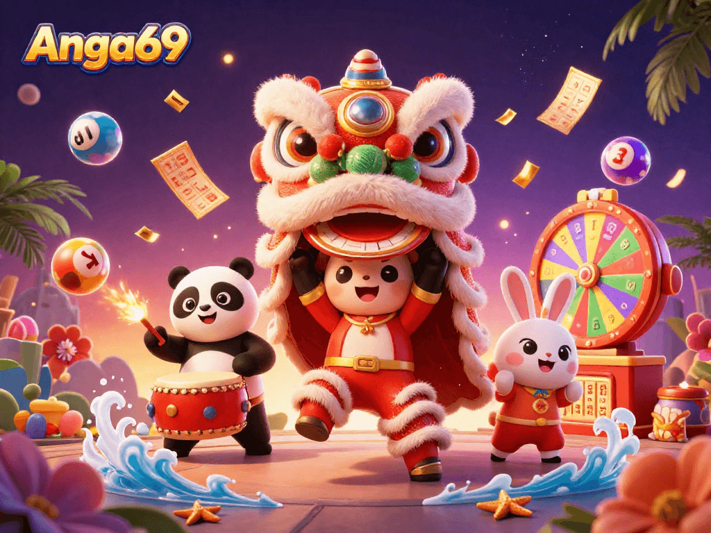 Experience Angka69 with vibrant characters and lottery elements in a lively casino-themed scene.
