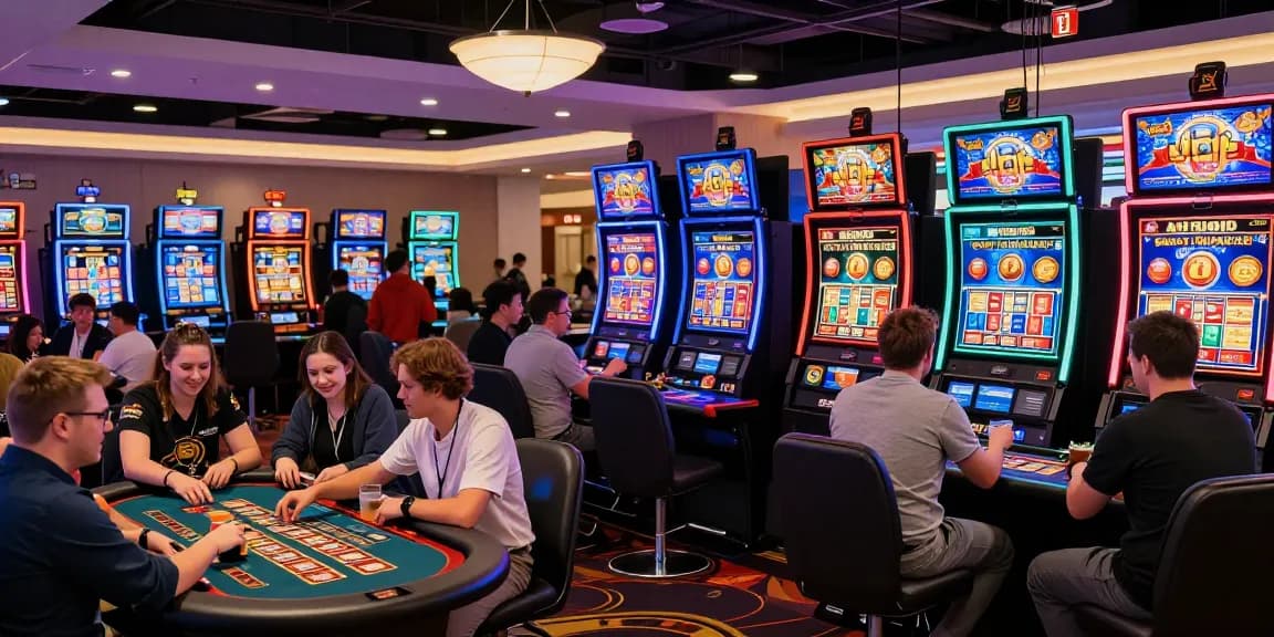 Vibrant casino scene at https://jumpspace.org.uk showcasing players enjoying credit card gaming, colorful slots, and engaging atmosphere.