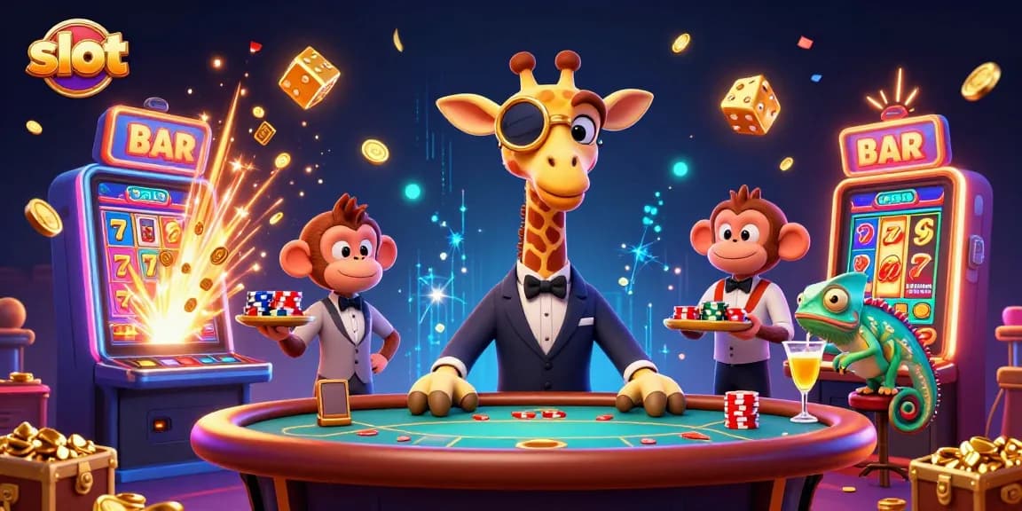 Spin the slot reels with excitement as the high-roller giraffe and friends celebrate big wins.