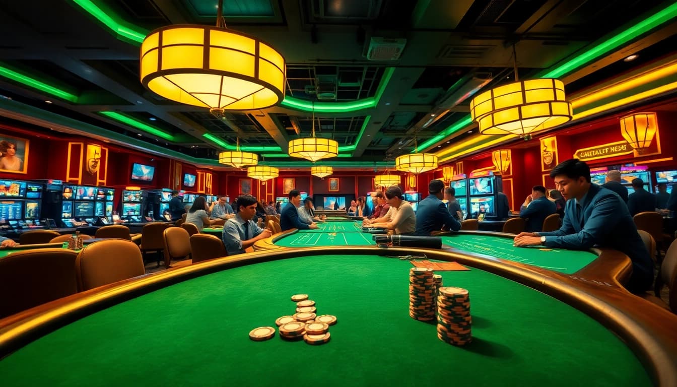 Experience the thrill of y3娛樂 in a lively casino setting with vibrant game tables and enthusiastic players.