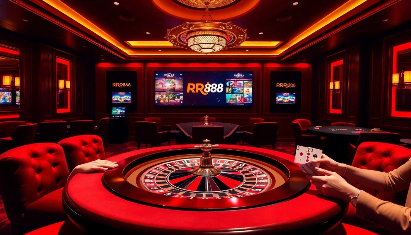 Experience thrilling casino action with RR88 at a vibrant roulette table showcasing chips and cards.