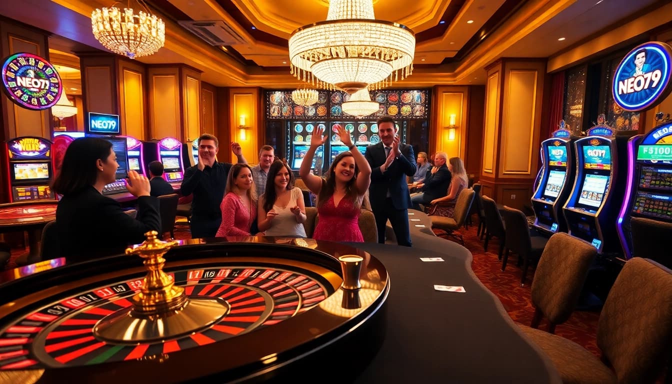 Experience the thrill of gaming at NEO79 casino with poker chips and roulette wheel.