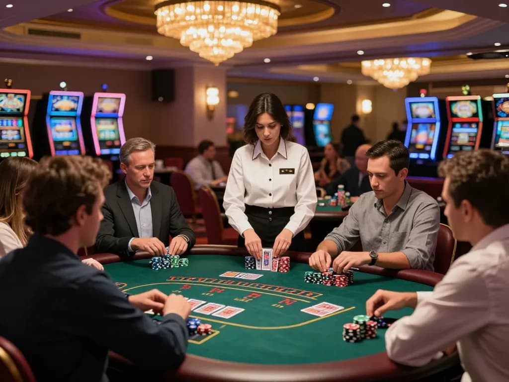 Sesi blackjack strategis di kasino yang ramai menyoroti todosobrecomunicacion dan intensitas permainan.