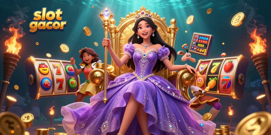 Spin the slot gacor with a regal scene featuring a princess among jackpot symbols and golden coins.