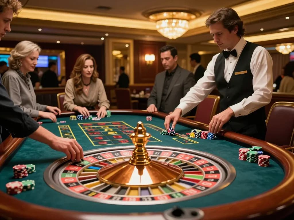 Exciting scene at the nhà cái BL555 roulette table with players placing bets and dealer spinning the wheel.