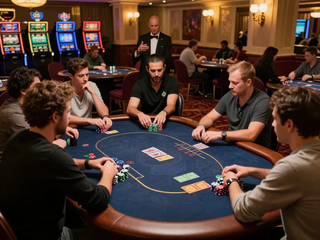 Luck88 players engaging in a poker game strategy surrounded by luxurious casino decor