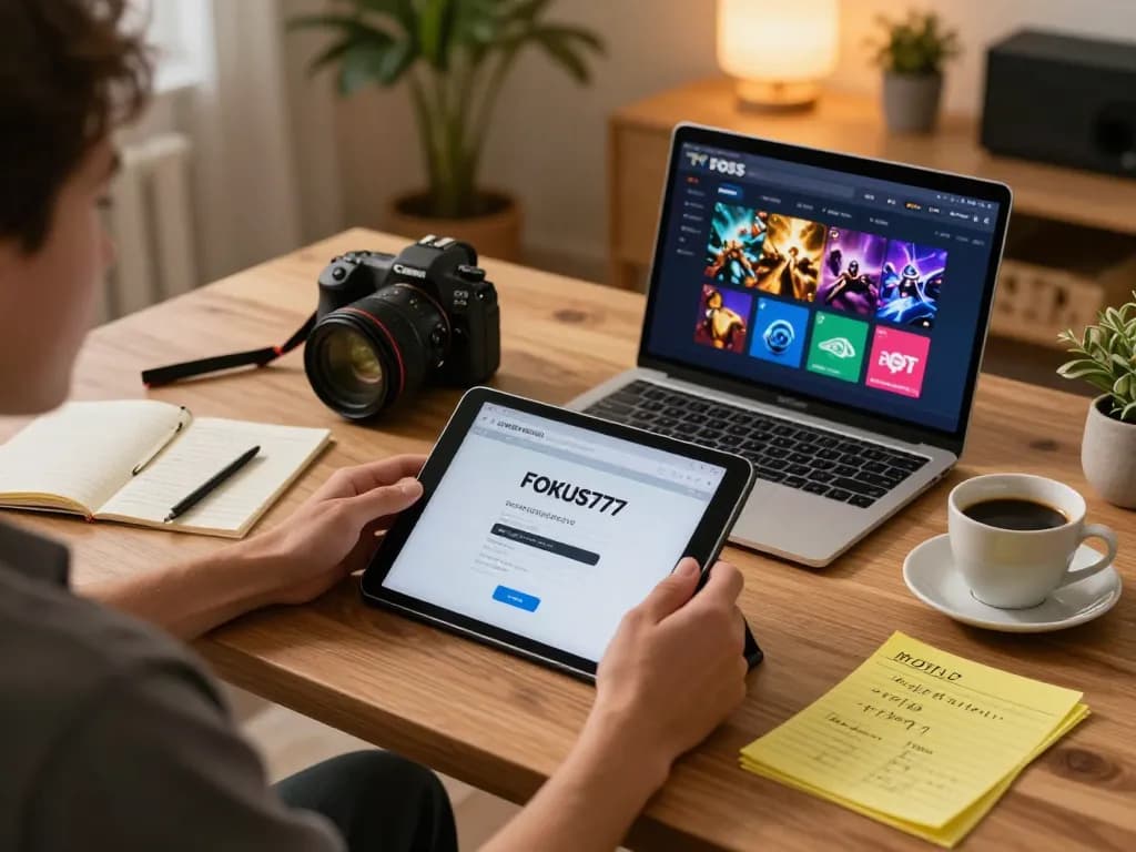 Engaging in online casino gaming using FOKUS777 login, showcasing colorful interface and strategic notes.