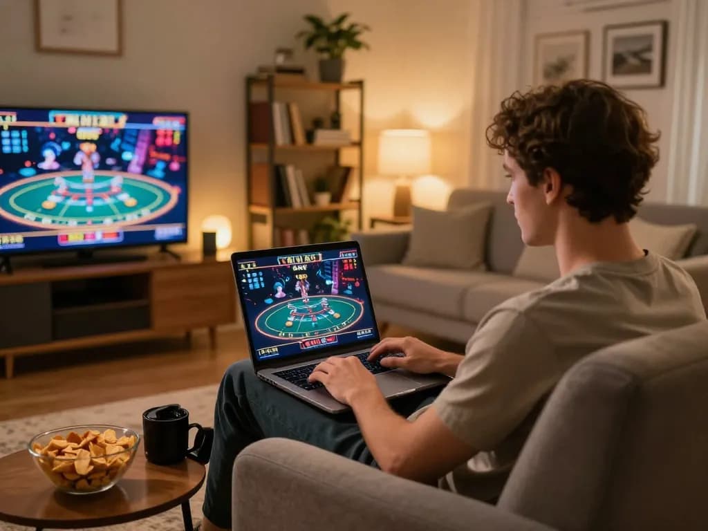 Person using keonhacai1 on a laptop during a cozy home gaming night with live casino.