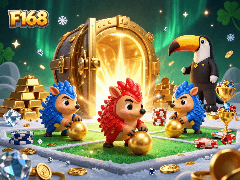 F168 casino scene featuring rival pangolins bowling through poker chips in a vibrant treasure setting