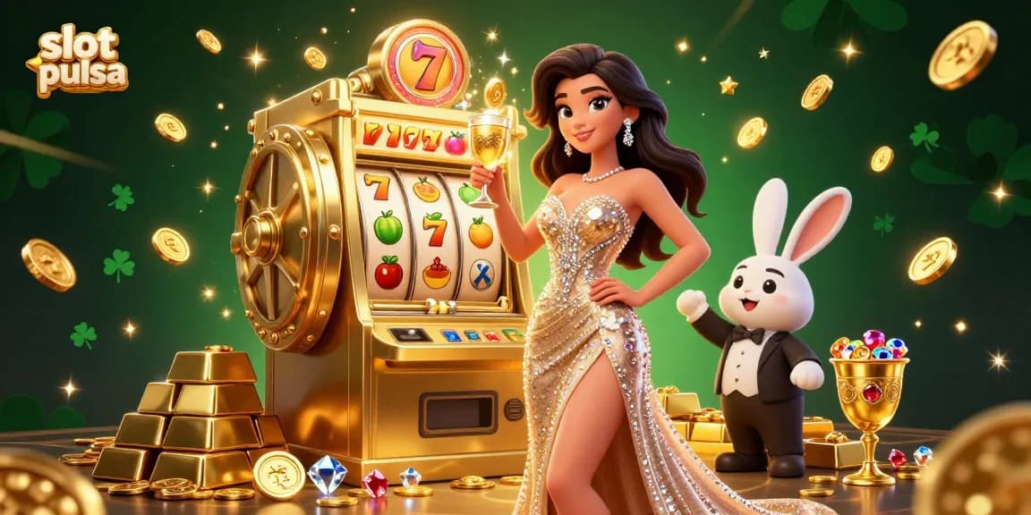 Experience thrilling slot pulsa gaming with a glamorous woman and jackpot machine bursting with coins.