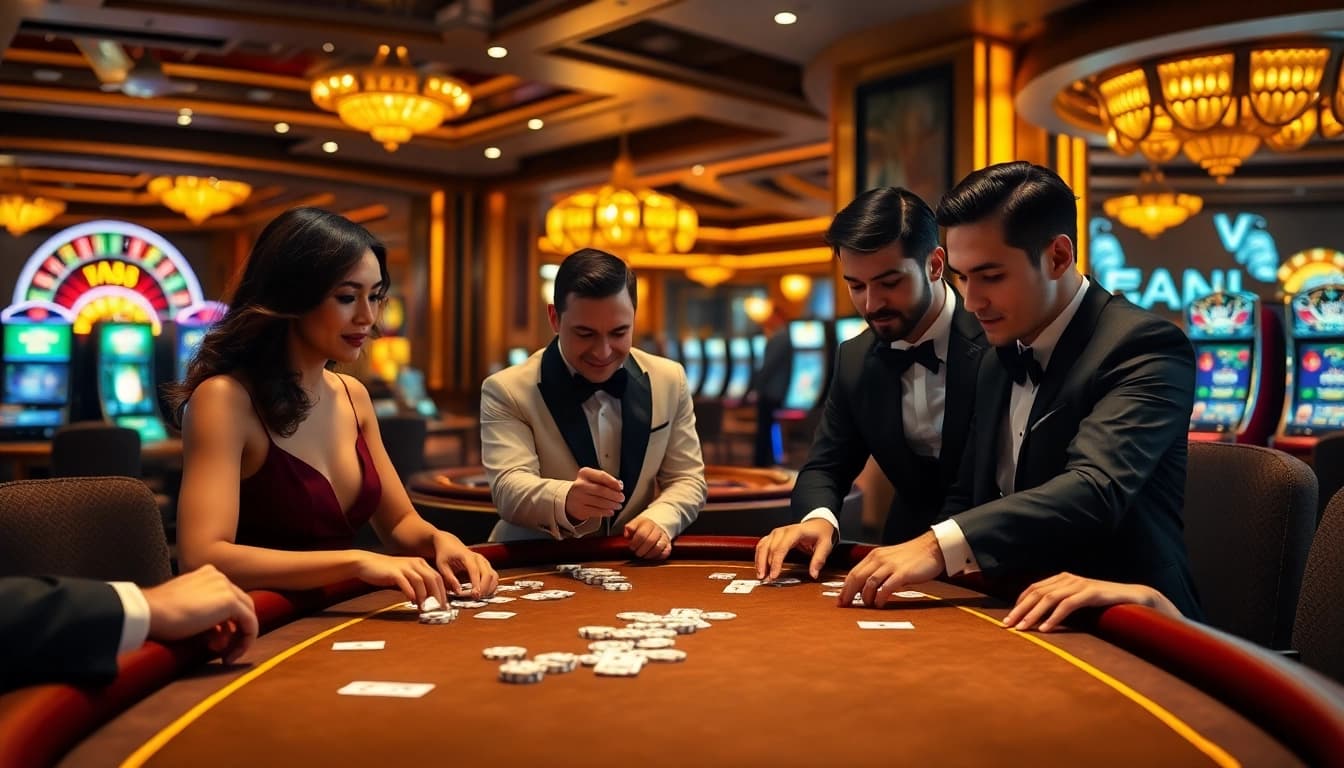 Players enjoying an exciting poker game at VA88 casino table, showcasing the thrill of gambling.