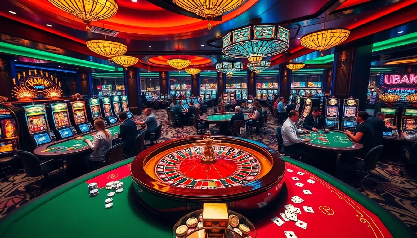 Engaged players enjoying the luxury of gaming at U888.com casino with roulette and poker tables.