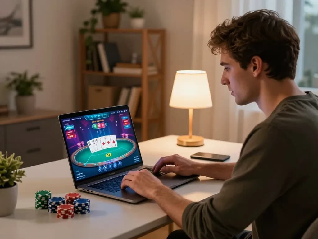 Person playing poker online at home via jun88pl platform, focused on strategy and gameplay.