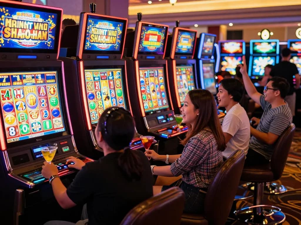 Players enjoying dewa slot games amidst flashing slot machines in a vibrant casino environment.
