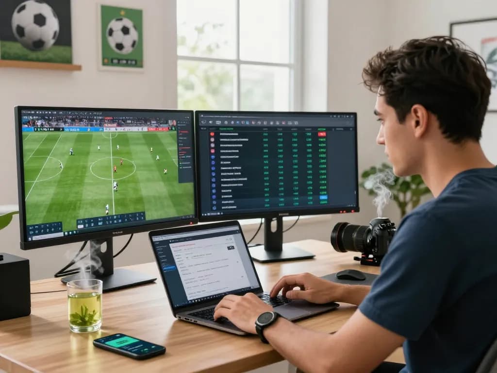 Focused man analyzing tỷ lệ kèo nhà cái trực tuyến on dual monitors in a modern home office.