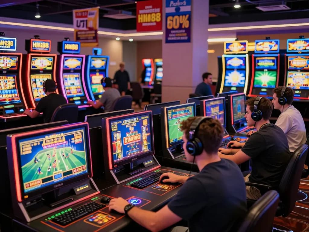 Engaging online gaming experience at HM88 nhà cái uy tín with diverse players enjoying various casino games, reflecting excitement and promotions.