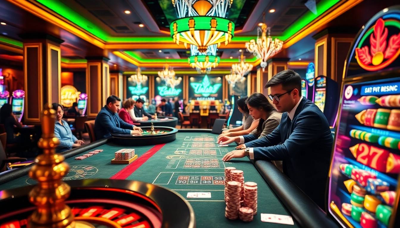 E1Sport enthusiasts enjoying a thrilling game of poker amidst a vibrant casino atmosphere.