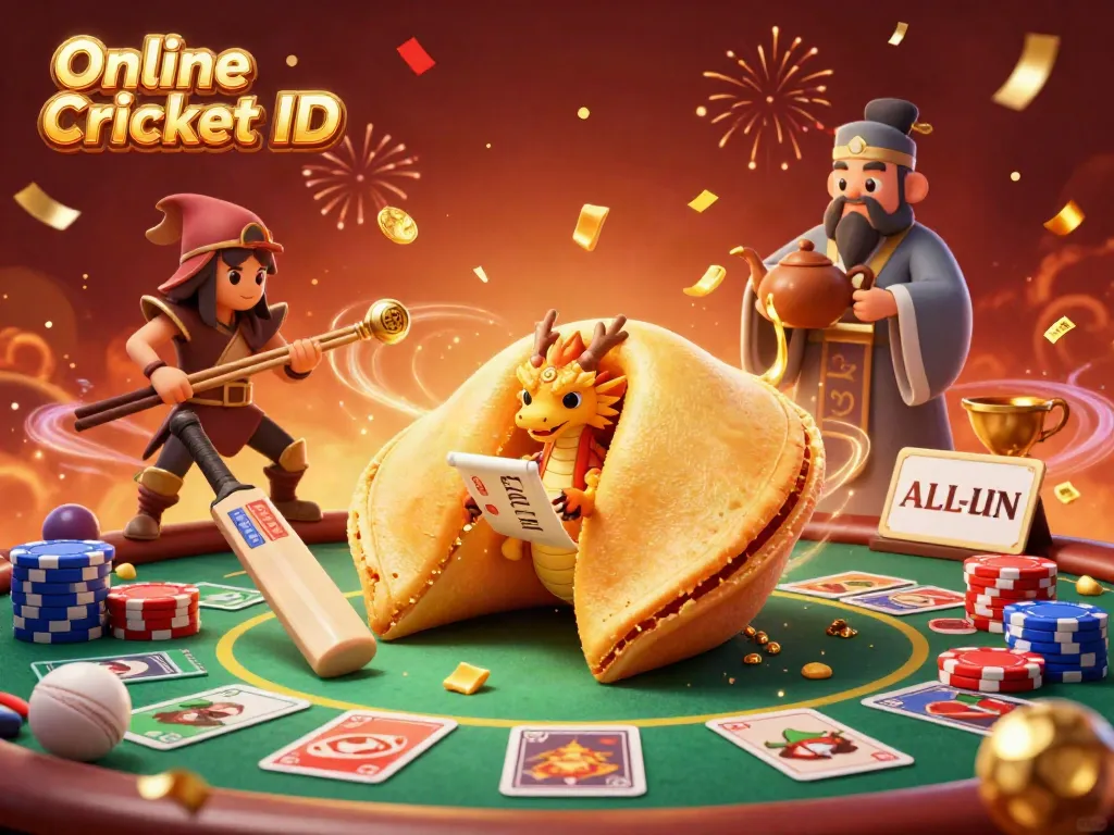 Experience secure betting with Online Cricket ID featuring a golden fortune cookie and sports elements.