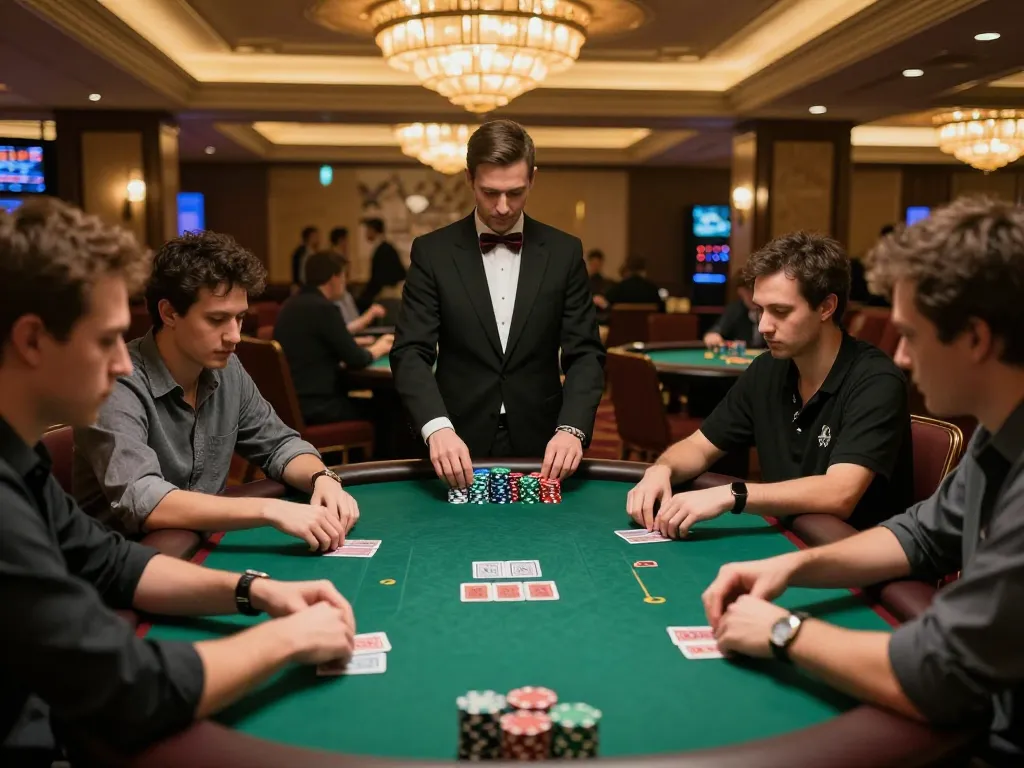 Players engaged in an intense 789bet poker game with dealer managing bets in an upscale casino.