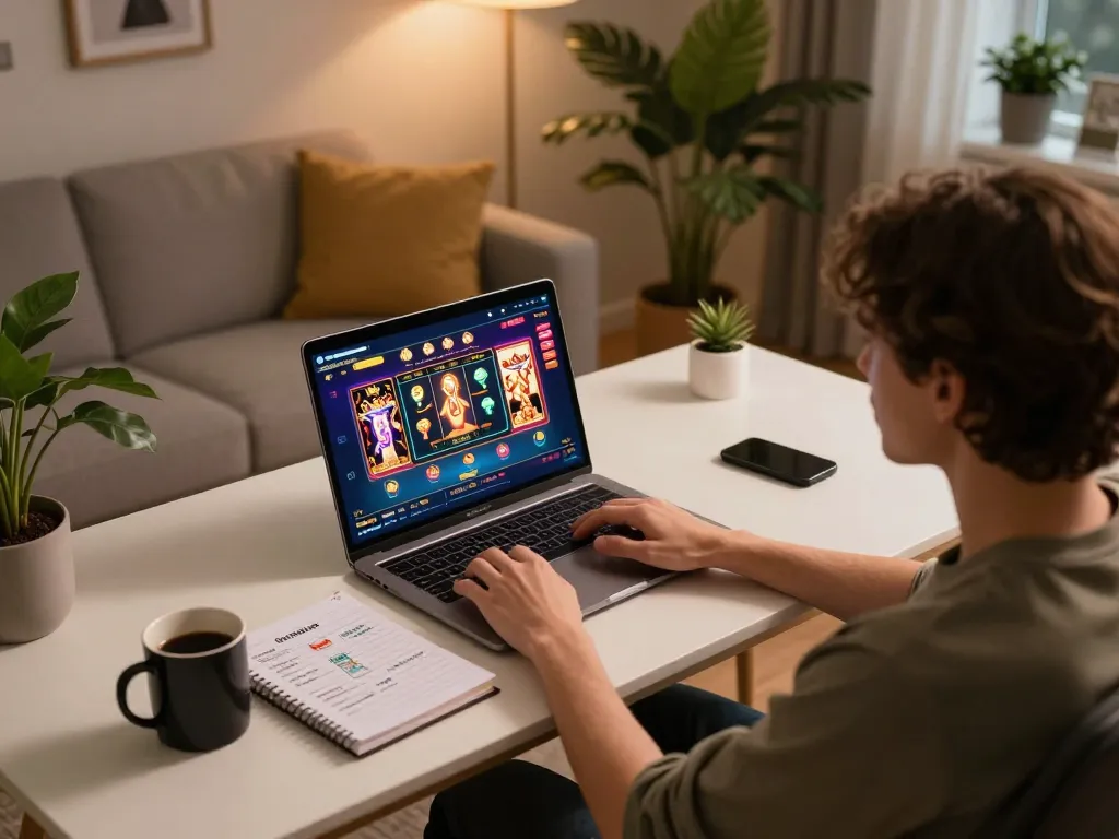 gnk88 player engaging with online casino games on laptop, featuring vibrant screen interface and cozy home setting