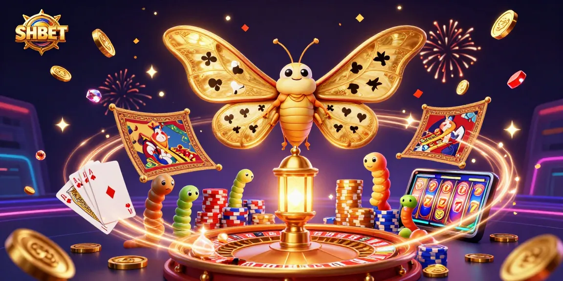 Engage with SHBET's dynamic casino world featuring vibrant golden elements, moths, and game symbols.