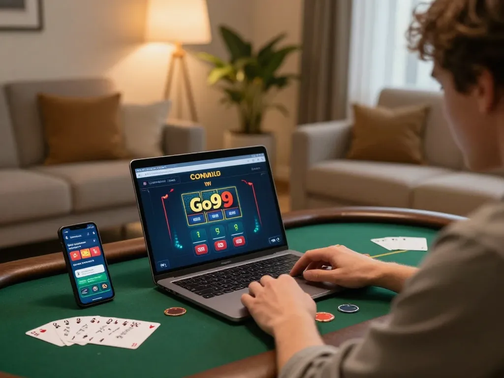 Engaged player using Go99 app on mobile device during online poker session.