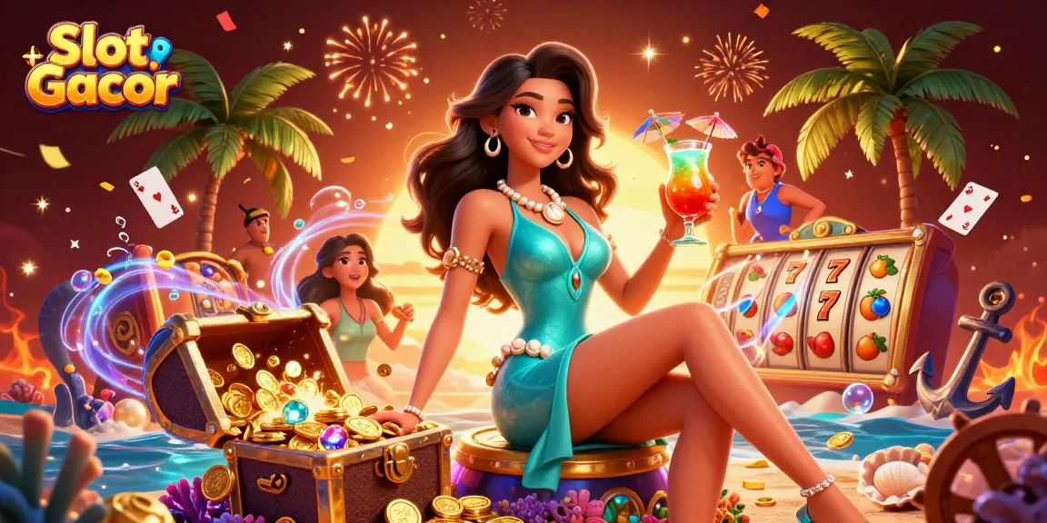 Spin the Slot Gacor reels in a vibrant tropical casino scene filled with treasures and good fortune.