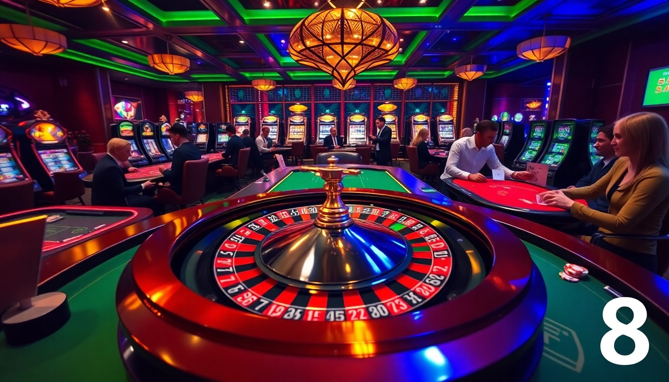 Gambling excitement at a luxury casino with GO8-themed poker chips and roulette.