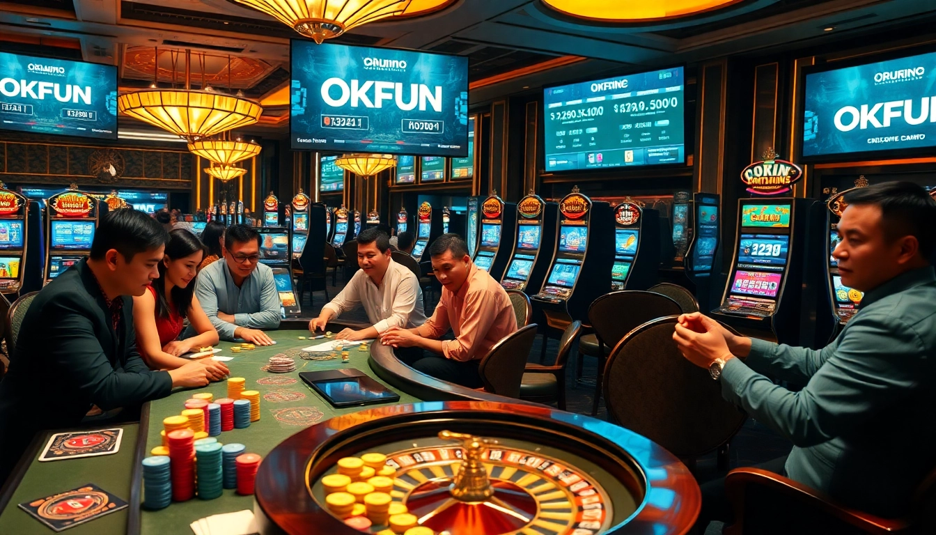 Players enjoying a thrilling game experience at OKFUN Casino, surrounded by vibrant tables and action.