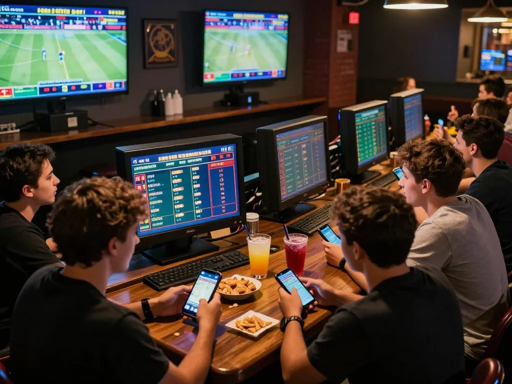 Friends engaged in kèo nhà cái hôm nay, excitedly placing bets in a lively sports bar atmosphere.