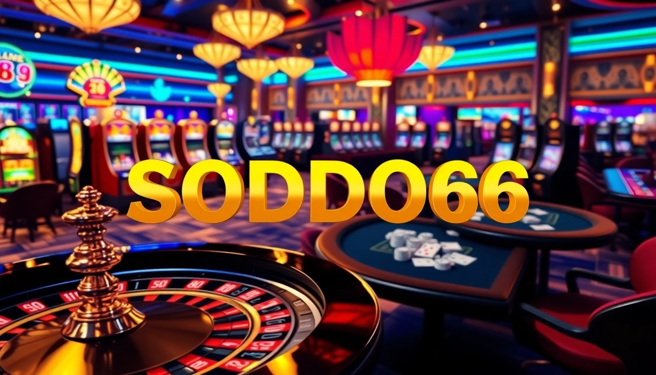 SODO66 gamers enjoying an elegant casino environment with vibrant tables and colorful slot machines.