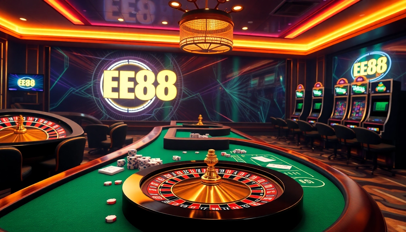 Experience the excitement of online gambling with Ee88’s professional casino setup and vibrant gaming elements.