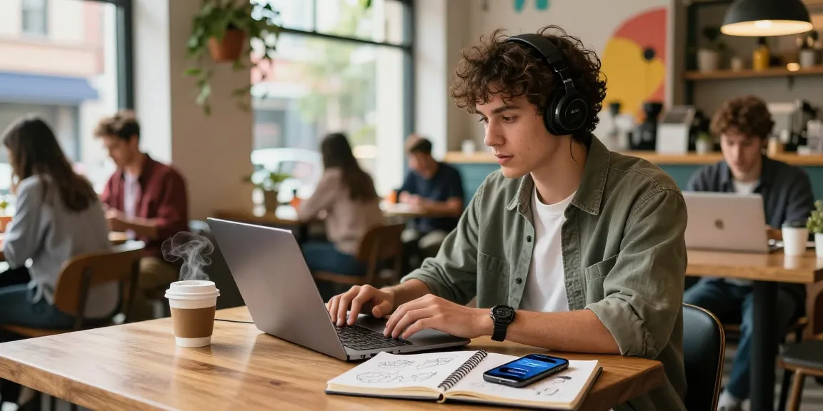 Young professional engaged in a video call about AI NSFW in a bustling café, showcasing a vibrant lifestyle.