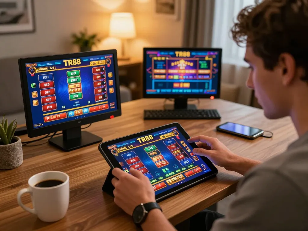 Player enjoying the TR88 game on a tablet in a cozy home environment, showcasing vibrant online gambling activity.