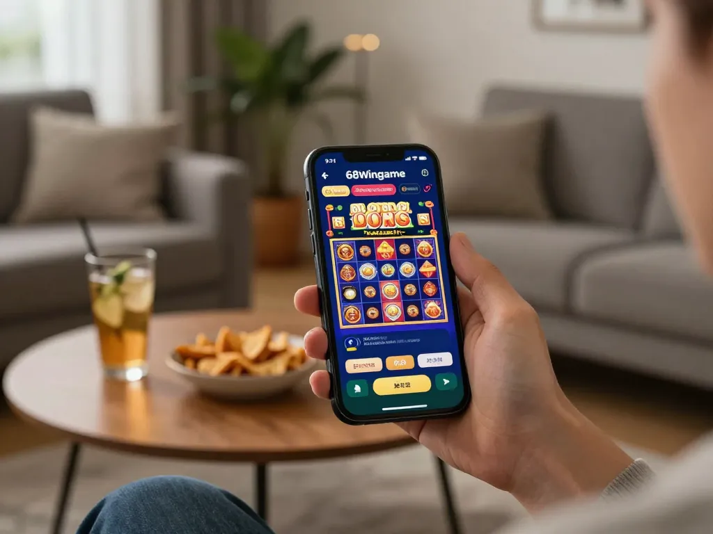 Player enjoying the 68wingame app on their phone, showcasing a vibrant slot machine interface.