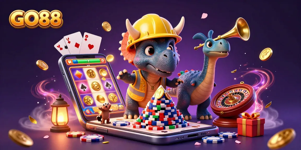 Engage with GO88 gaming excitement as a triceratops builds poker chips amidst vibrant casino elements in a lively illustration.
