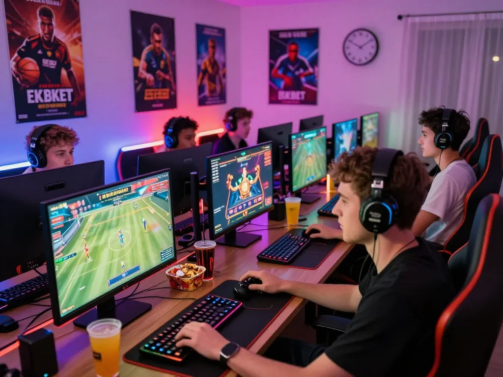 Engaged gamers immersed in online betting on the 8kbet platform, surrounded by colorful LED lights and multiple gaming monitors showcasing sports events.