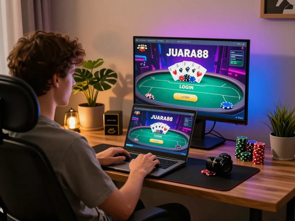 Engaging in an online session of JUARA88 LOGIN with a laptop displaying vivid poker game visuals.