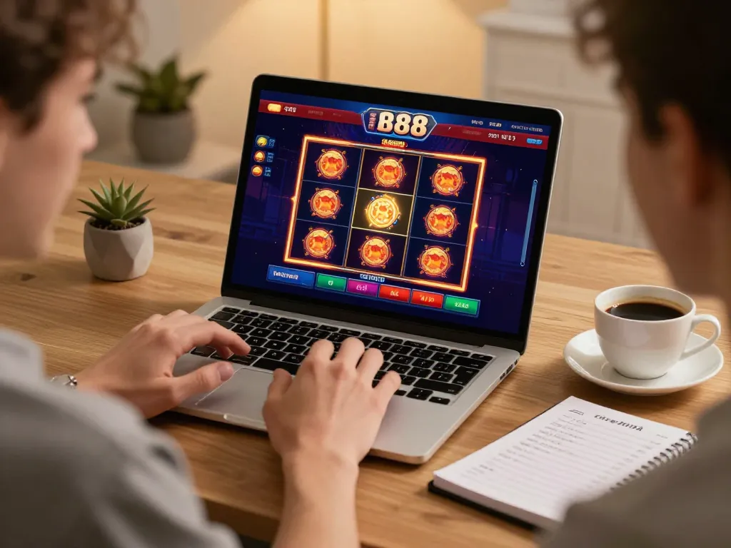 Engaging with slot88 resmi on a laptop during a cozy online gaming session, showcasing strategy notes and gaming interface.