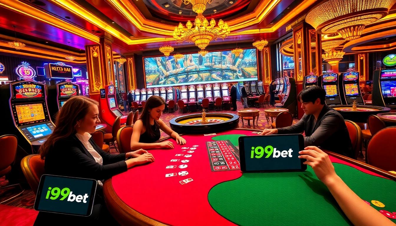 Players enjoying a thrilling game at the i9bet poker table in a vibrant casino setting.