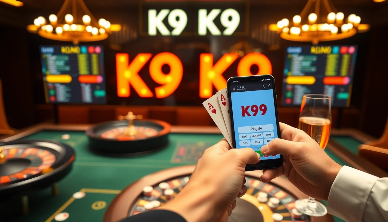 K9 K9 app displayed on a smartphone amidst glamorous casino chips and a roulette wheel.