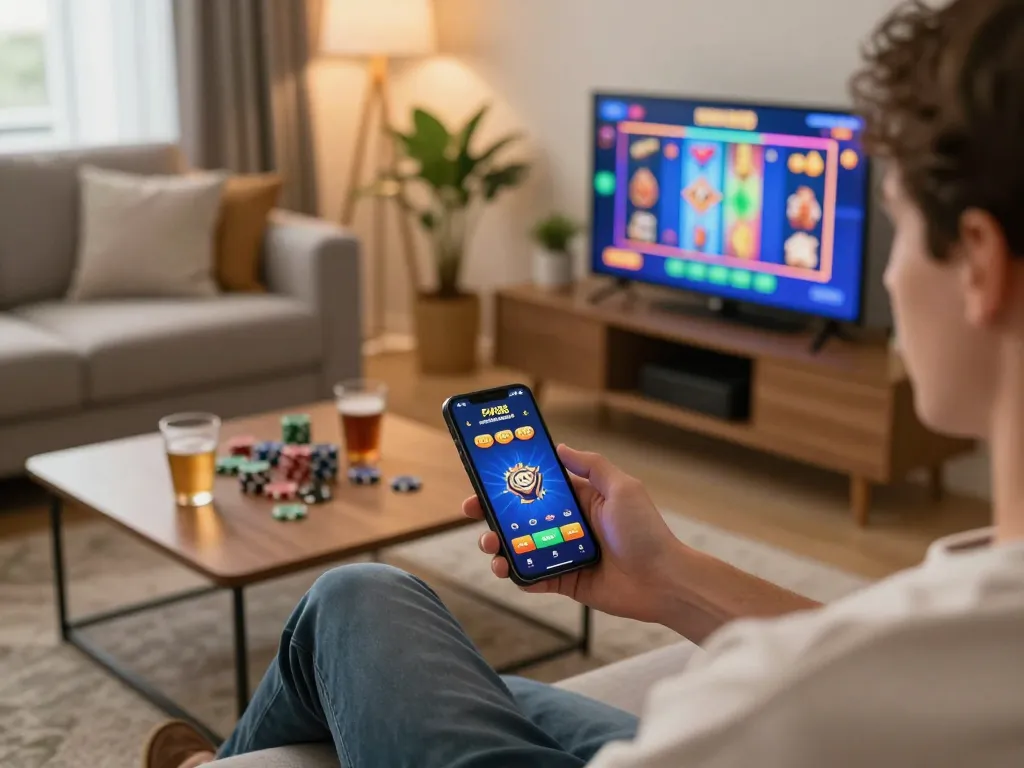 Player engaging with Fun 88 mobile app during relaxing home gaming session